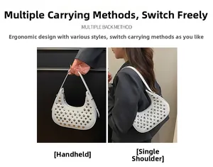 Detail of white moon bag with metal rivets showing handheld and shoulder carrying styles