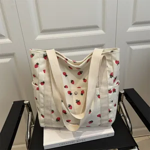 Women Corduroy Strawberry Print Tote Bag Large Capacity Casual Shoulder Handbag Sweet Fashion Shopper Bag For Daily Travel
