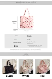 Detailed size chart for pink corduroy tote bag with strawberry prints and dimensions