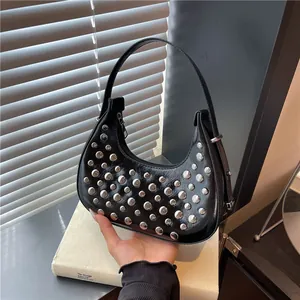 Women Studded Hobo Bag PU Leather Crescent Underarm Bag Punk Style Y2K Shoulder Bag Solid Color Fashion Handbag For Daily