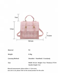 Pink checkered mini backpack showing dimensions and features like the dog pattern print
