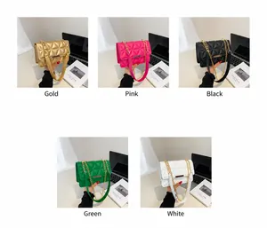 Detail view of quilted chain crossbody bags in gold, pink, black, green and white