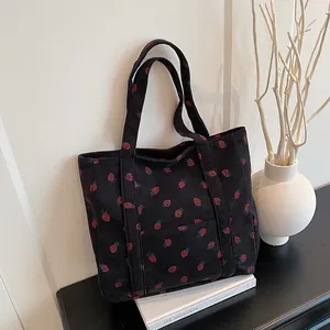 Women Corduroy Tote Bag Cute Strawberry Pattern Large Capacity Shoulder Bag Casual School Commute Handbag Ladies Travel Bag