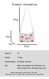 Detaillierte Größentabelle für weiße Schultertasche mit Kirschprint und Abmessungen