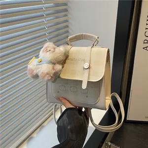 Women Mini PU Leather Plaid Backpack Cute Cartoon Bear Handbag Fashion Sweet Style Small Shoulder Bag With Plush Charm