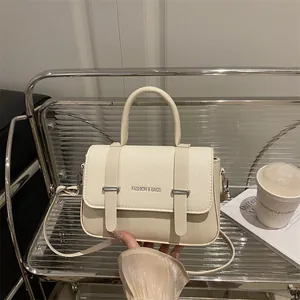Sac boîte minimaliste beige en cuir grainé avec détails argentés et bandoulière chic