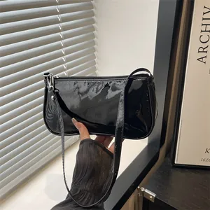 Women Patent Leather Baguette Bag Minimalist Glossy PU Shoulder Bag Fashion Underarm Small Square Bag For Daily Party