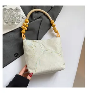 Dettaglio del ricamo di bambù su borsa in tessuto con manici in perline di legno