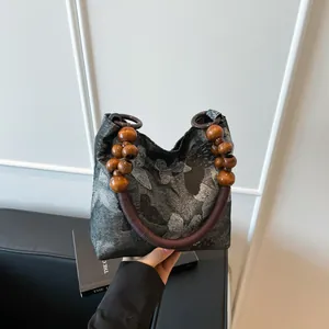 Borsa Sottobraccio in Stile Cinese Jacquard Vintage Ricamo a Farfalla Borsa Tote Con Manico in Perline di Legno Borsa a Spalla Secchiello Floreale Letterario