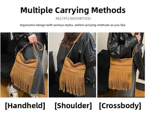Détails du sac à franges marron montrant les modes main, épaule et bandoulière