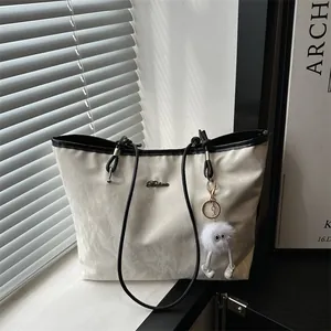 Women's Fashion Wrinkled Texture PU Leather Tote Bag Large Capacity Casual Shoulder Bag With Plush Monster Pendant For Commuting School Office