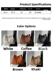 Detailed size chart for quilted tote bag with chain strap and color options