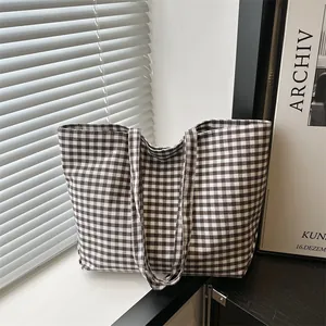 Women Large Capacity Gingham Canvas Tote Bag Summer Casual Checkered Shoulder Bag For Students School Beach Shopping Travel Handbag