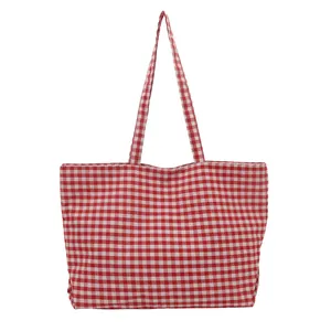 Red and white gingham canvas tote bag with large capacity for casual summer use
