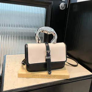 Fashion Women PU Leather Small Square Bag With Irregular Metal Handle Splicing Shoulder Crossbody Handbag Contrast Color Tote
