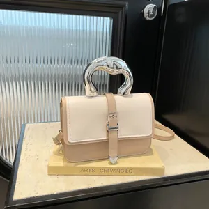 Chic color-block handbag with artistic irregular silver metal handle and shoulder strap