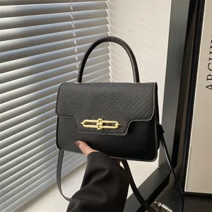 Vintage PU Leather Crossbody Bag Women Textured Square Handbag With Metal Lock Adjustable Strap Daily Casual Commute Bag