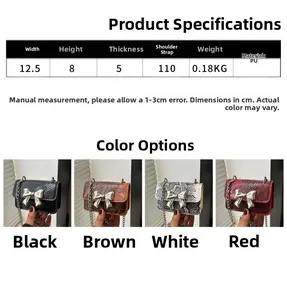 Size chart showing dimensions 12.5x8x5cm for this mini bow chain crossbody bag
