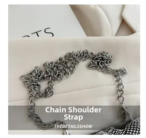 Detail of silver chain shoulder strap and snakeskin pattern leather on mini bag