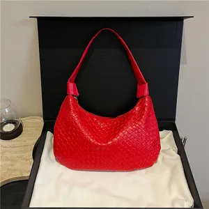 Large red woven hobo tote bag in a stylish black gift box with a long shoulder strap