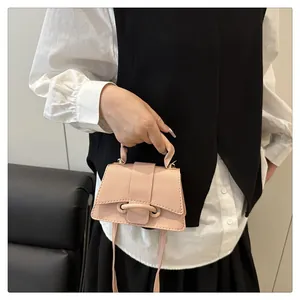 Detail of light pink mini crossbody bag with litchi texture and metal buckle decor