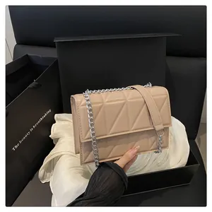 Detailed close-up of quilted beige crossbody bag with silver chain strap in gift box
