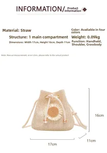 Detailed size specifications of a straw bucket bag with sunflower decor and drawstring