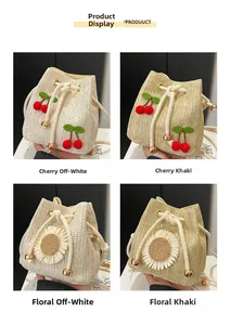 Detailed comparison of straw bucket bags with cherry embroidery and floral accents