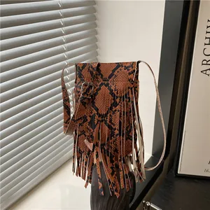Women Trendy Snake Pattern Fringe Crossbody Bag PU Leather Mini Shoulder Bag with Tassel Adjustable Strap Small Square Phone Bag