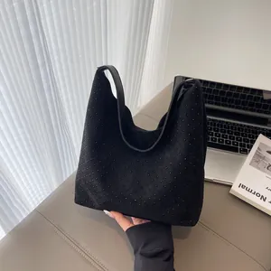 Fashion Women Faux Suede Rhinestone Hobo Bag Large Capacity Underarm Shoulder Bag Sparkling Elegant Daily Tote Handbag Accessory