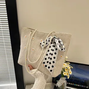 Women Straw Woven Tote Bag Daisy Embroidery Large Capacity Summer Beach Shoulder Bag With Polka Dot Bow Handbag
