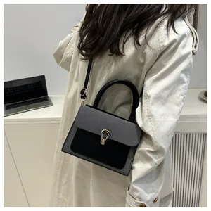 Detail of grey fabric and black leather crossbody bag with golden horseshoe lock