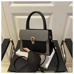 Detail of grey litchi texture small square bag with golden horseshoe lock and leather handle