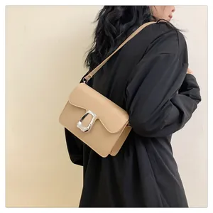 Detail view of the elegant metal horseshoe buckle on a beige square shoulder bag