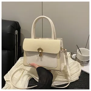 Close-up of beige crossbody bag featuring textured straw panel and golden metal U-lock
