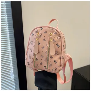 Close-up of pink mini backpack featuring bear prints and dual gold zipper details