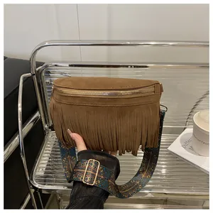 Brown suede fringe crossbody bag with retro ethnic wide strap for women summer daily use
