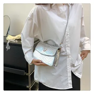 Detail of silver crocodile pattern shoulder bag featuring a golden butterfly metal clasp