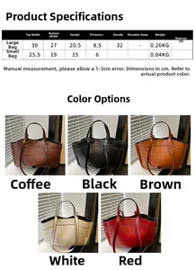 Size chart for minimalist PU tote bags showing dimensions and colors for women handbags