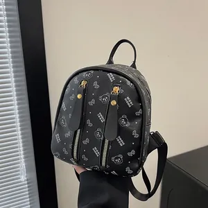 Fashion Mini Backpack For Women PU Leather Cartoon Bear Print Small Daypack Girls School Travel Casual Bag Handbag