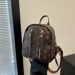 Mini brown PU leather backpack for women with bear patterns and gold metal zippers