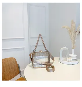 Dettaglio borsa trasparente in PVC con strass e manico a catena in color oro