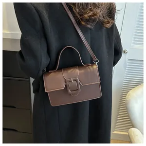 Detail of a brown leather handbag with a large square buckle and a classic top handle