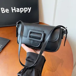 Minimalist PU Leather Underarm Bag For Women Retro Solid Color Square Buckle Shoulder Bag Fashion Baguette Bag Daily Travel