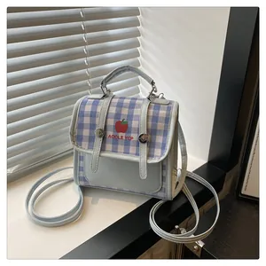 Detail of blue and white checkered bag with red apple embroidery and top handle