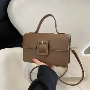 Retro brown PU leather handbag with square buckle and adjustable shoulder strap for women
