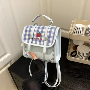 Blue plaid backpack with apple embroidery and top handle for women casual summer travel