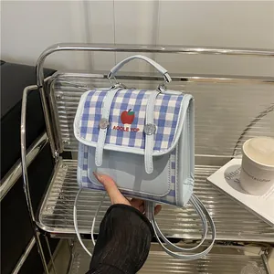 Light blue plaid small backpack with apple embroidery and PU leather stitching