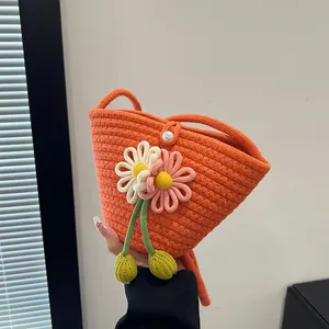 Women's Hand-woven Flower Crossbody Bag Cotton Rope Beach Shoulder Bag Sweet Artificial Pearl Buckle Mini Bucket Bag For Summer Daily Use