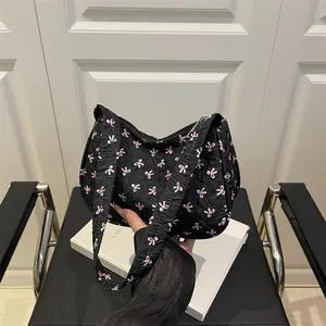 Women's Korean Style Quilted Underarm Bag Sweet Pink Bow Print Fashionable Casual Lightweight Polyester Shoulder Tote Bag